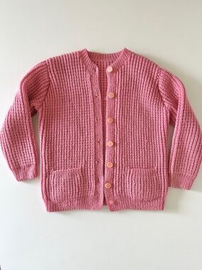 Vintage Handknit Pink Cardigan Chunky Weight Knit Jacket Pockets XS S